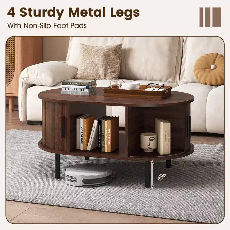 Table basse ovale Costway avec rangement, portes coulissantes à tambour, compartiment ouvert