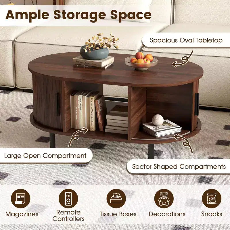 Table basse ovale Costway avec rangement, portes coulissantes à tambour, compartiment ouvert