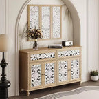 Famapy Wood Bookshelf Bookcase Carved Sideboard Display Cabinet with White Cutout Doors & Matching Wall Panel Entryway Storage Console Dresser