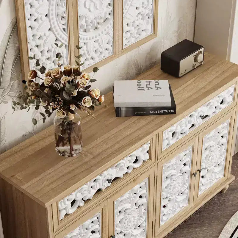 Famapy Bibliothèque Étagère sculptée Buffet Vitrine avec Portes Découpées Blanches et Panneau Mural Assorti Console de Rangement d'Entrée Commode