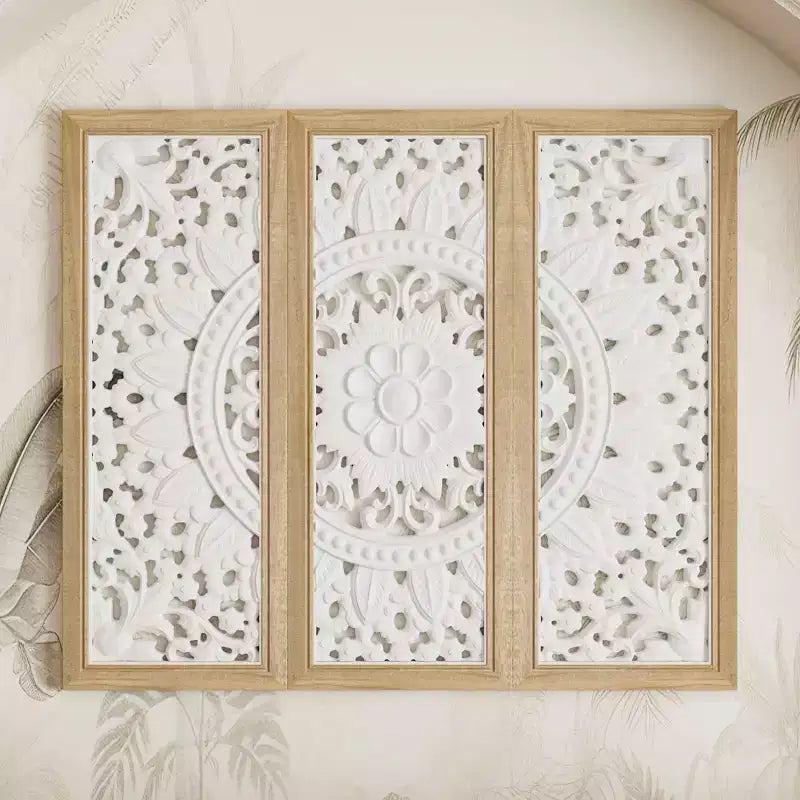 Famapy Bibliothèque Étagère sculptée Buffet Vitrine avec Portes Découpées Blanches et Panneau Mural Assorti Console de Rangement d'Entrée Commode