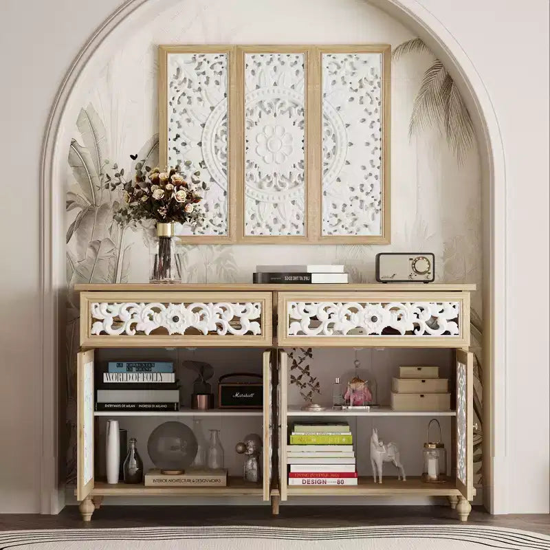 Famapy Bibliothèque Étagère sculptée Buffet Vitrine avec Portes Découpées Blanches et Panneau Mural Assorti Console de Rangement d'Entrée Commode