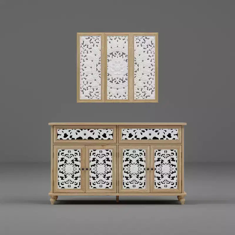 Famapy Bibliothèque Étagère sculptée Buffet Vitrine avec Portes Découpées Blanches et Panneau Mural Assorti Console de Rangement d'Entrée Commode