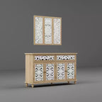 Famapy Bibliothèque Étagère sculptée Buffet Vitrine avec Portes Découpées Blanches et Panneau Mural Assorti Console de Rangement d'Entrée Commode