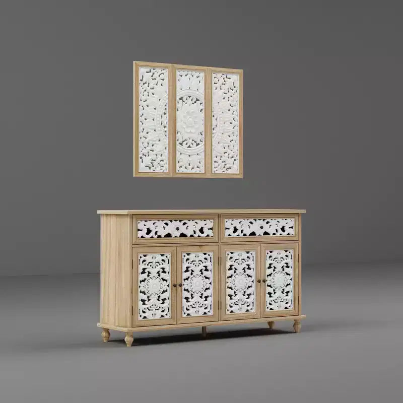 Famapy Bibliothèque Étagère sculptée Buffet Vitrine avec Portes Découpées Blanches et Panneau Mural Assorti Console de Rangement d'Entrée Commode