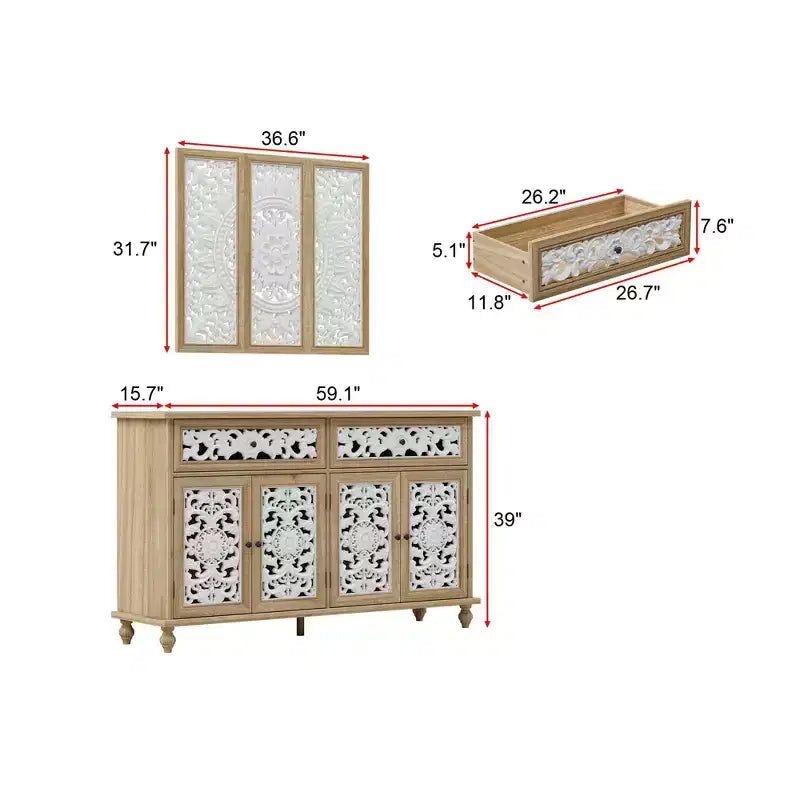 Famapy Bibliothèque Étagère sculptée Buffet Vitrine avec Portes Découpées Blanches et Panneau Mural Assorti Console de Rangement d'Entrée Commode