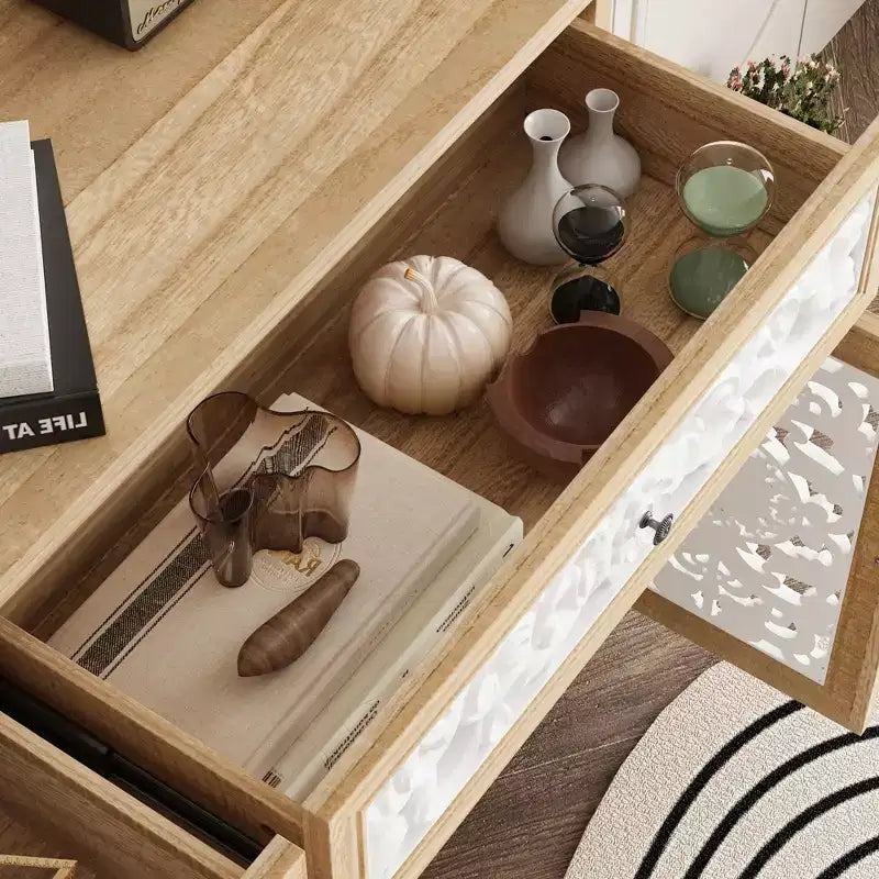 Famapy Bibliothèque Étagère sculptée Buffet Vitrine avec Portes Découpées Blanches et Panneau Mural Assorti Console de Rangement d'Entrée Commode