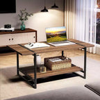 Table basse de ferme rustique 41, table de salon minimaliste moderne en bois et métal, table centrale rectangulaire à 2 niveaux avec rangement