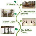 Étagère à plantes d'intérieur à 6 niveaux en demi-lune avec lampes de croissance et roulettes, support à plantes haut en métal pour bonsaï, fleurs et décoration, organisateur pour balcon et salon