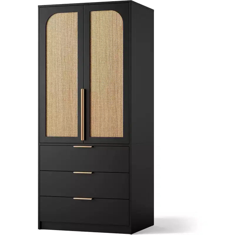 Placard de garde-robe avec portes en rotin, Armoire de garde-robe en rotin avec tiroirs et tringle à vêtements, Armoire en bois pour suspendre les vêtements, 176,5 cm de hauteur