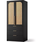 Placard de garde-robe avec portes en rotin, Armoire de garde-robe en rotin avec tiroirs et tringle à vêtements, Armoire en bois pour suspendre les vêtements, 176,5 cm de hauteur