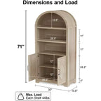 Dyonery 71 Armoire bibliothèque haute voûtée avec portes, meuble voûté noir moderne du milieu du siècle à 5 étagères avec rangement et étagères ouvertes réglables Gris