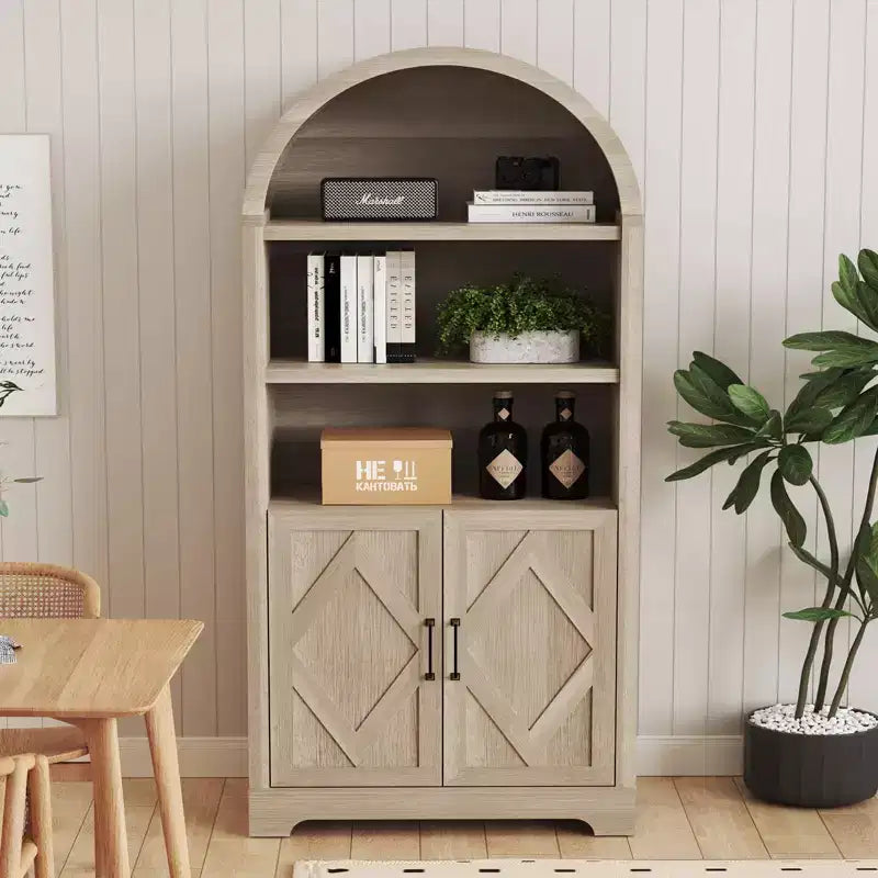 Dyonery 71 Armoire bibliothèque haute voûtée avec portes, meuble voûté noir moderne du milieu du siècle à 5 étagères avec rangement et étagères ouvertes réglables Gris