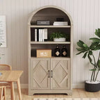 Dyonery 71 Armoire bibliothèque haute voûtée avec portes, meuble voûté noir moderne du milieu du siècle à 5 étagères avec rangement et étagères ouvertes réglables Gris