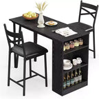Ensemble de table de bar 3 pièces pour 2 personnes, ensemble table et chaises de bar avec rallonge à plateau rabattable, ensemble table à manger avec étagères de rangement