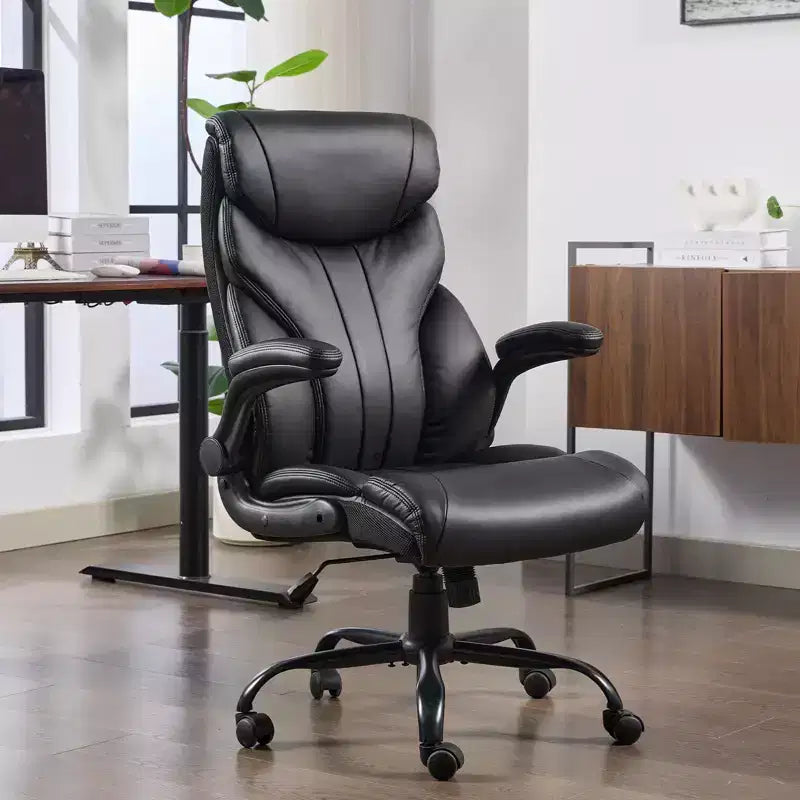 Fauteuil de bureau de direction à dossier haut - Capacité de 227 kg Fauteuil pivotant ergonomique en cuir PU avec hauteur réglable, support lombaire et accoudoirs relevables