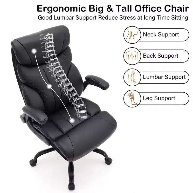 Fauteuil de bureau de direction à dossier haut - Capacité de 227 kg Fauteuil pivotant ergonomique en cuir PU avec hauteur réglable, support lombaire et accoudoirs relevables