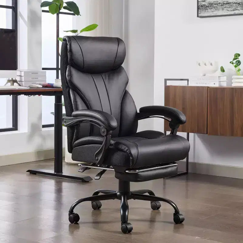 Fauteuil de bureau de direction à dossier haut - Capacité de 227 kg Fauteuil pivotant ergonomique en cuir PU avec hauteur réglable, support lombaire et accoudoirs relevables