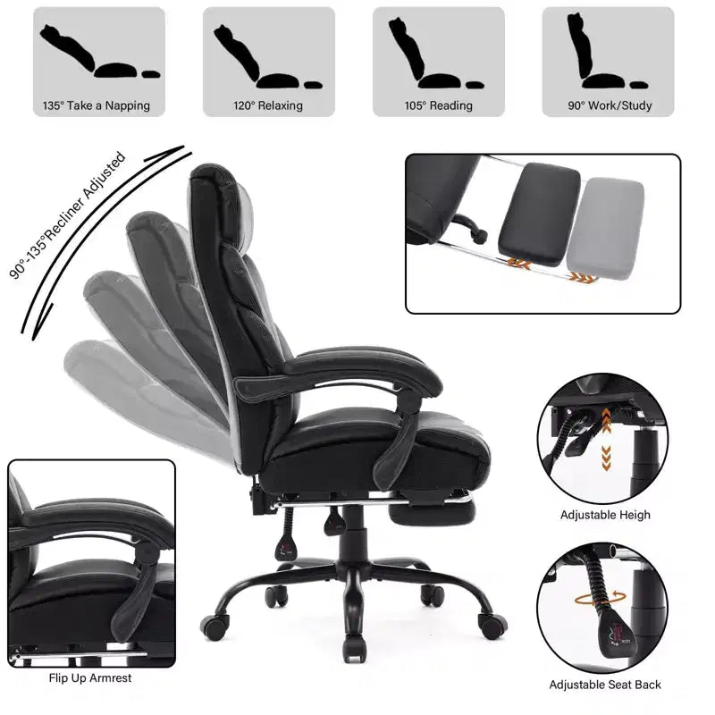 Fauteuil de bureau de direction à dossier haut - Capacité de 227 kg Fauteuil pivotant ergonomique en cuir PU avec hauteur réglable, support lombaire et accoudoirs relevables