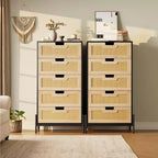 Commode à 5 tiroirs en rotin naturel, commode en bois, armoire de rangement de style ferme avec pieds en métal, commode moderne