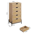 Commode à 5 tiroirs en rotin naturel, commode en bois, armoire de rangement de style ferme avec pieds en métal, commode moderne