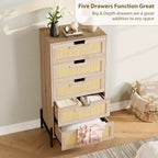 Commode à 5 tiroirs en rotin naturel, commode en bois, armoire de rangement de style ferme avec pieds en métal, commode moderne
