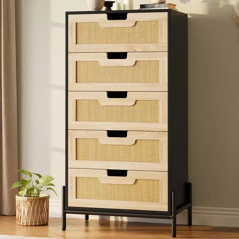 Commode à 5 tiroirs en rotin naturel, commode en bois, armoire de rangement de style ferme avec pieds en métal, commode moderne