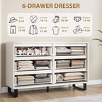 Commode à 6 tiroirs pour chambre à coucher, commode de 120 cm de large, meuble de rangement vertical autoportant avec rangement, commode de rangement en bois