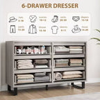 Commode à 6 tiroirs pour chambre à coucher, commode de 120 cm de large, meuble de rangement vertical autoportant avec rangement, commode de rangement en bois