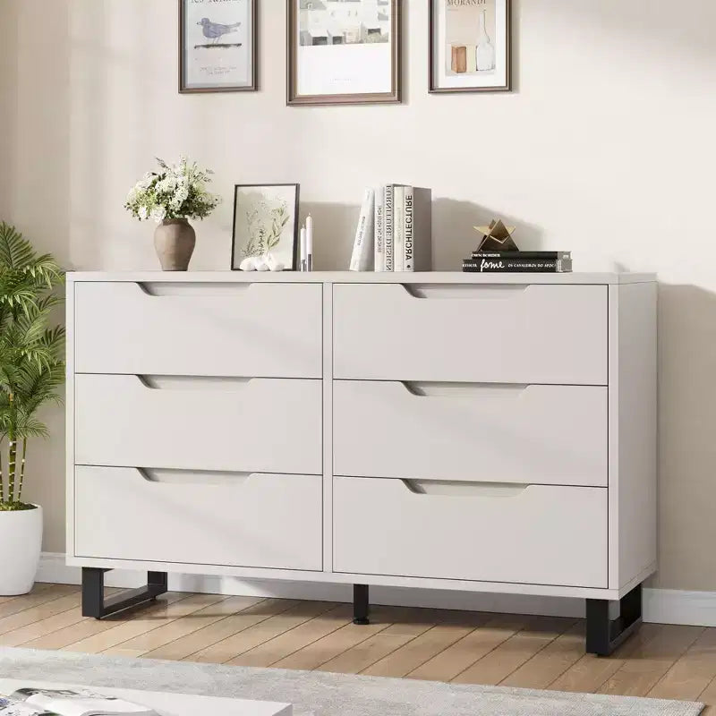 Commode à 6 tiroirs pour chambre à coucher, commode de 120 cm de large, meuble de rangement vertical autoportant avec rangement, commode de rangement en bois