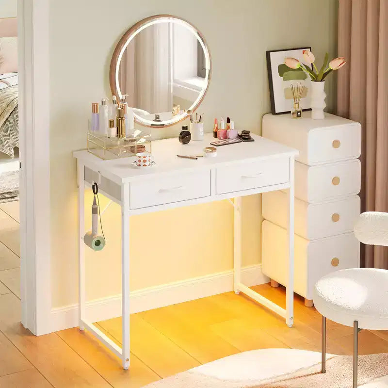 Bureau d'étude Pinmoco de 32 pouces avec 2 tiroirs en tissu et éclairage LED RGB, petit bureau d'ordinateur avec crochet de suspension pour petits espaces
