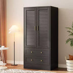 Armoire de chambre de 165 cm avec 2 portes à persiennes et 2 tiroirs, avec tringle à vêtements, grande capacité de rangement, en bois, autoportante