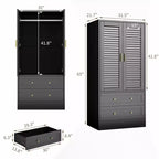 Armoire de chambre de 165 cm avec 2 portes à persiennes et 2 tiroirs, avec tringle à vêtements, grande capacité de rangement, en bois, autoportante