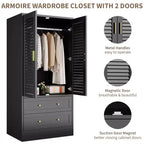 Armoire de chambre de 165 cm avec 2 portes à persiennes et 2 tiroirs, avec tringle à vêtements, grande capacité de rangement, en bois, autoportante