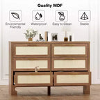 Commode à 6 tiroirs pour chambre, commode moderne du milieu du siècle en bois et toile de jute, armoire de rangement, commode large et chiffonnier bohème