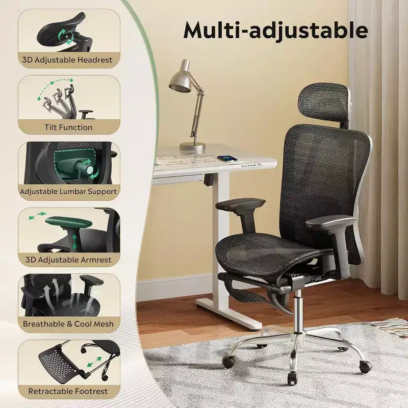 Chaise de bureau ergonomique en maille GALAXHERO, dossier haut inclinable, avec repose-pieds rétractable, support lombaire réglable et fonction d'inclinaison, noire
