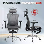 Chaise de bureau ergonomique en maille GALAXHERO, dossier haut inclinable, avec repose-pieds rétractable, support lombaire réglable et fonction d'inclinaison, noire