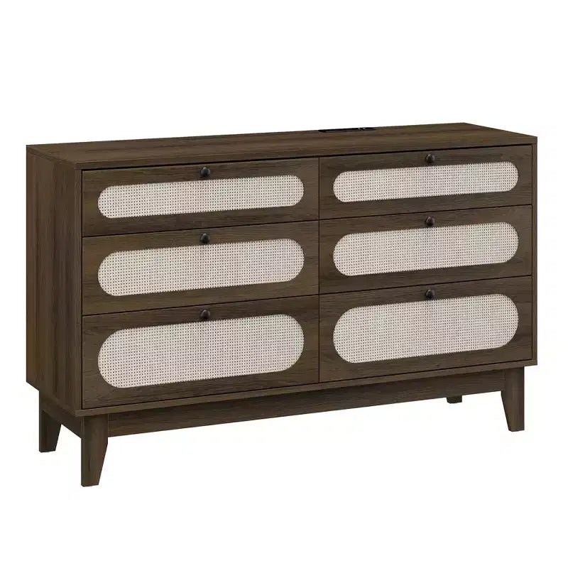 Commode à 6 tiroirs en rotin, avec ports USB et prises de courant, 6 tiroirs de rangement pour chambre à coucher, salon, couloir, chevet, salle à manger, couloir
