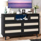 Zstar Rattan 6 Drawers LED Dresser with Charging Station for Closet, Living Room, Hallway