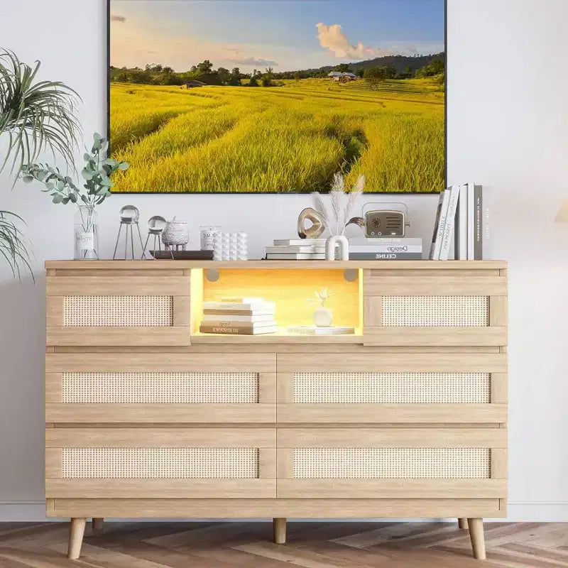 Commode Zstar en rotin à 6 tiroirs avec LED et station de charge pour placard, salon, couloir