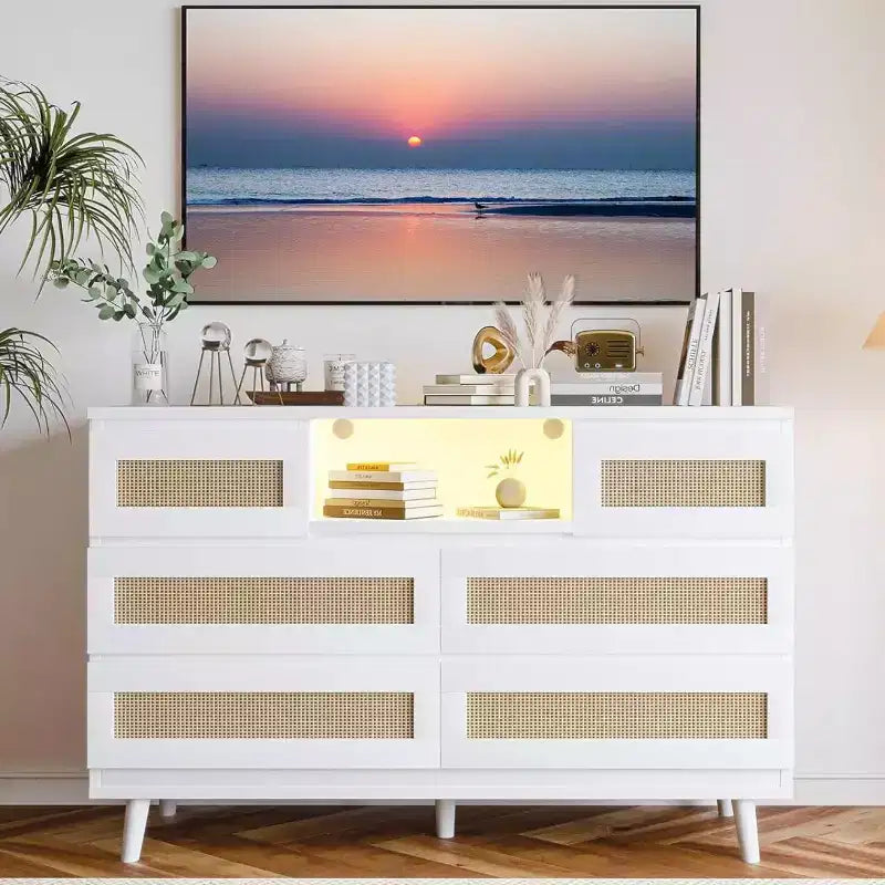 Commode Zstar en rotin à 6 tiroirs avec LED et station de charge pour placard, salon, couloir