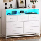 Zstar Commode moderne 7 tiroirs avec lumières LED et station de charge pour salon, couloir