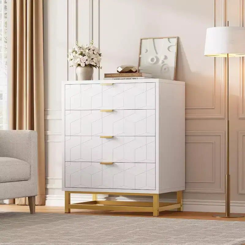 Coiffeuse de chambre Zstar, commode à 4 tiroirs avec pieds en métal