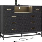 Zstar Modern 8-Drawer Dresser with Built-in USB and AC Charging Stations, LED Lights, Black