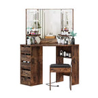 Coiffeuse d'angle avec 3 miroirs éclairés, Table de maquillage avec station de recharge, Coiffeuse avec tiroirs de rangement et banc pour chambre à coucher