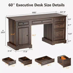Dyonery 60 Bureau de direction rustique avec tiroirs et classeur, texture bois gaufré, bureau à domicile, espace de travail pour le travail, les études et l'écriture
