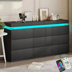 Coiffeuse Dyoney 9 tiroirs avec prise de courant et lumières LED, meuble de rangement spacieux, station de recharge