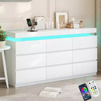 Coiffeuse Dyoney 9 tiroirs avec prise de courant et lumières LED, meuble de rangement spacieux, station de recharge