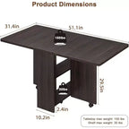 Table de salle à manger pliable et compacte pour 4 personnes avec abattant, 2 étagères de rangement et 6 roulettes pour une mobilité facile
