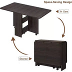 Table de salle à manger pliable et compacte pour 4 personnes avec abattant, 2 étagères de rangement et 6 roulettes pour une mobilité facile